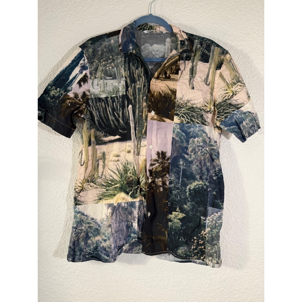 ZARA Mens‎ Desert Cactus Palm Tree Photo Print Short Sleeve Button Down Shirt M